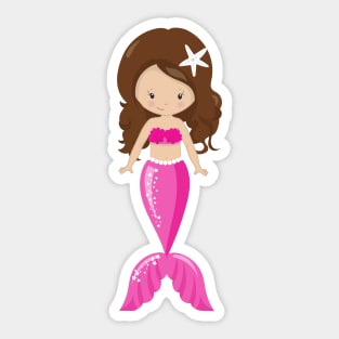 Cute Mermaid, Little Mermaid, Brown Hair, Tail Sticker